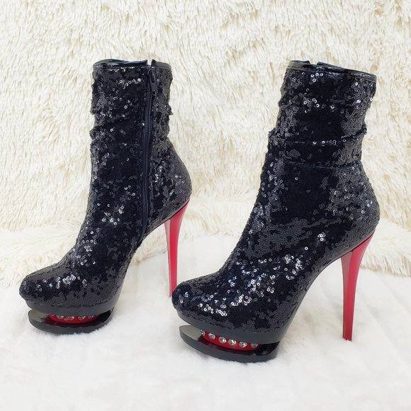 Pleaser Sexy Black Sequin Red High Heel Slouch Ankle Boots Blondie 1009 - Picture 6 of 15
